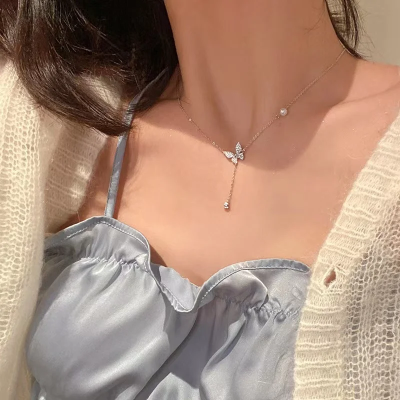 Korean style ins style jewelry fashion clavicle chain butterfly tassel diamond pendant 925 sterling silver necklace for women