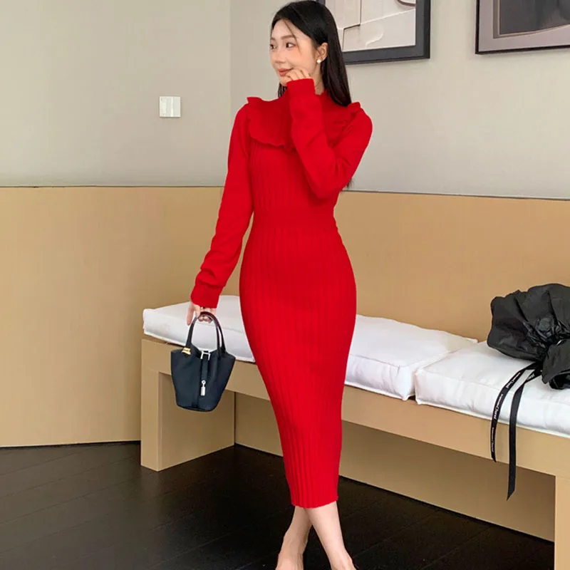 Automne hiver femmes rouge volants tricot robe moulante femme à manches longues mince solide pull dames mode gaine longues robes