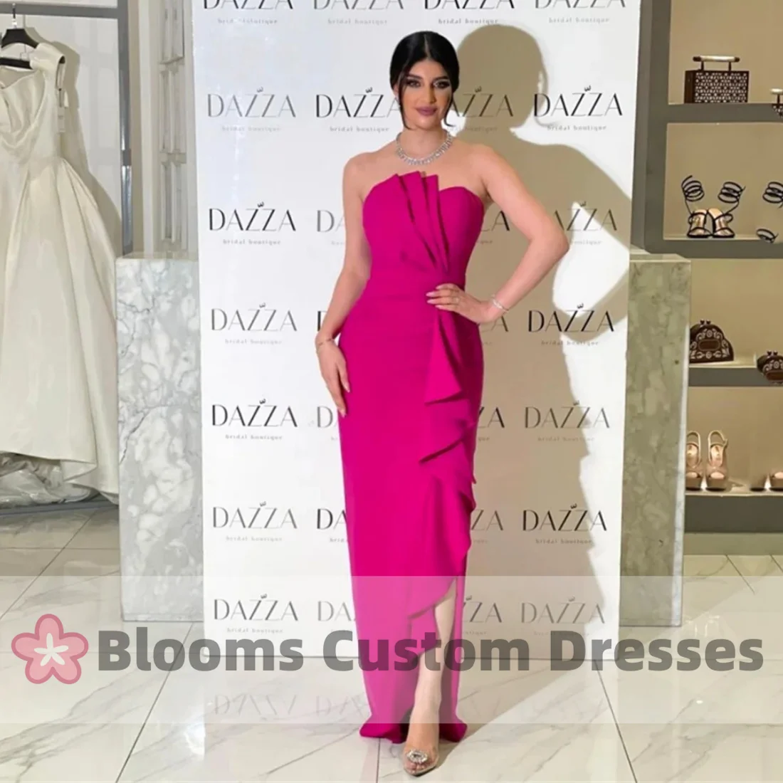 Blooms Strapless Customized Evening Dress Elegant Women Ruffles Side Slit Party Dress 2024 Sleeveless Fuchsia Prom Gown