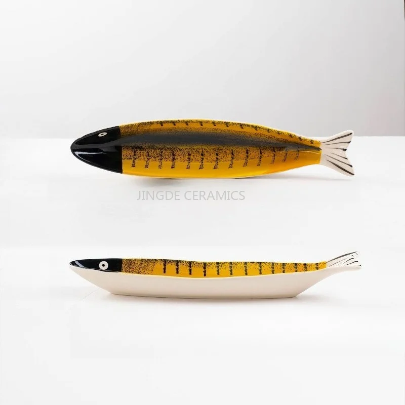 Underglaze Colored Ceramic Fish Dish Fish Shaped Plate Appetizer Plate Salad Plate Cooking Tableware Ceramic Stir Fry Dish