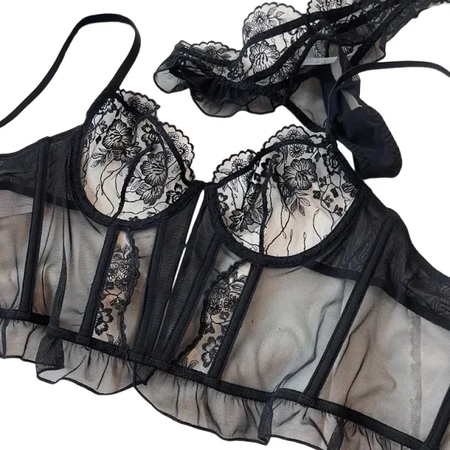 

KUCLUTFrench Vest Hollow Out Mesh Bra Set Full Lace Ultrathin Transparent Dress Girls Intimates Push Up Women Lingerie Underwear
