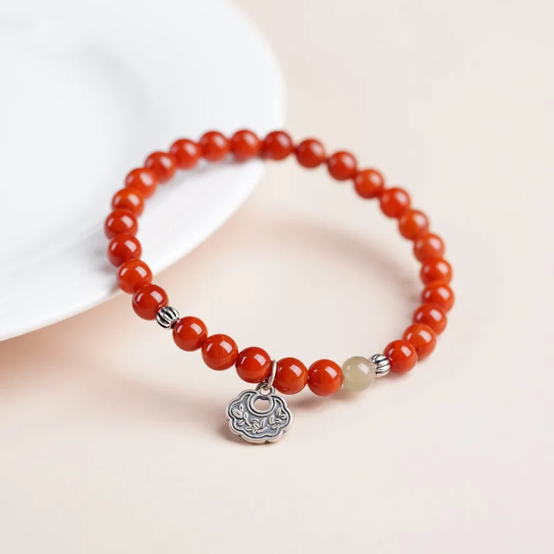 Sichuan Liangshan South Red Agate and Hetian Jade Bead Bracelet Sterling Silver Accessories Women's Simple High-end Hand Rope