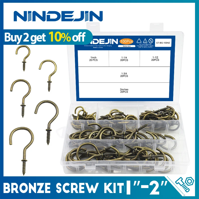 NINDEJIN 100pcs Bronze Screw Hook Set Kitchen Cup Hook Screw Carbon Steel Ceiling Hooks Hanger for Hanging Plants Lights Cup