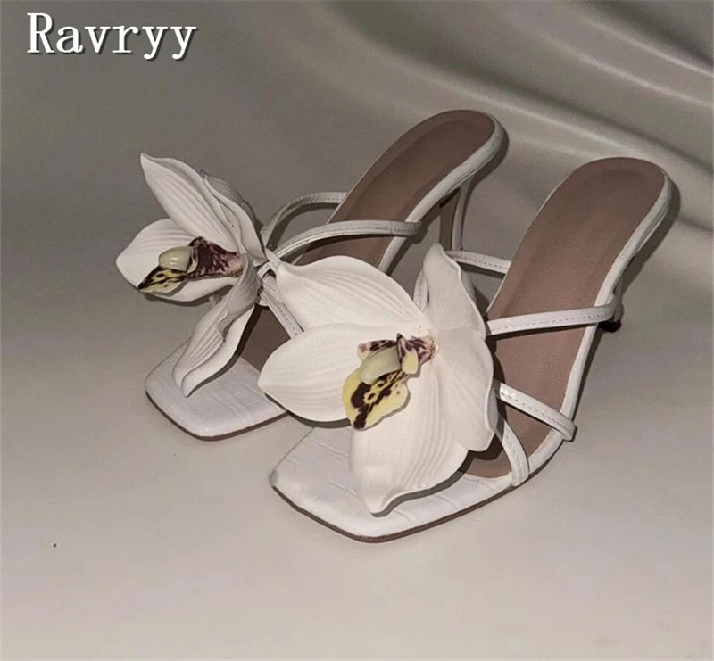 

Summer New Flower Decor Sandals for Women Square Toe Thin High Heel Slippers Ladies Party Dress Outdoor Beach Shoes