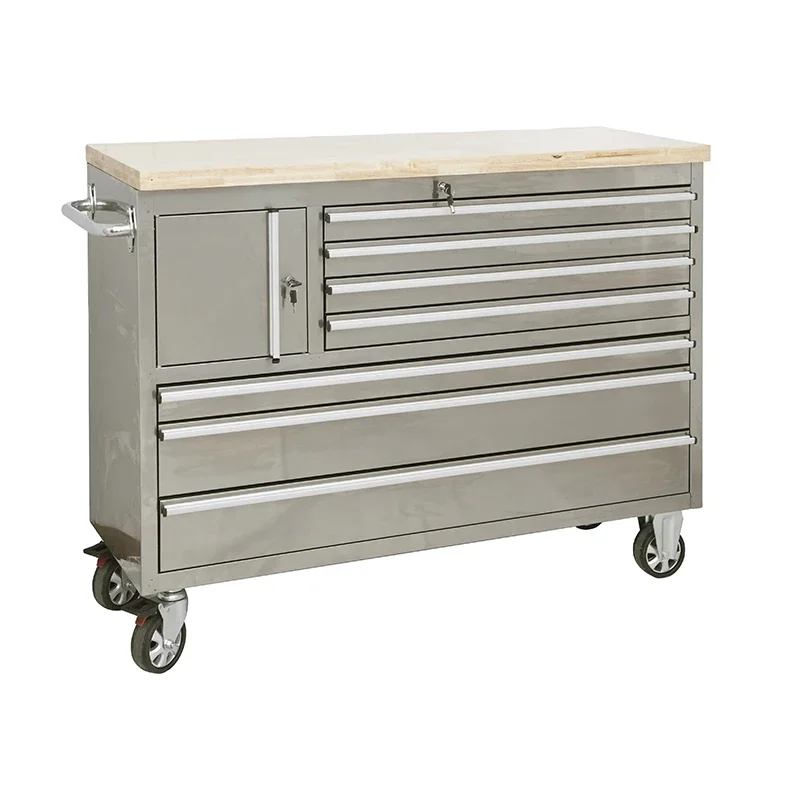-7-drawer Big Tool Trolley Wooden Top Stainless Steel Storage With One Small Lockable Cabinet For Garage Use