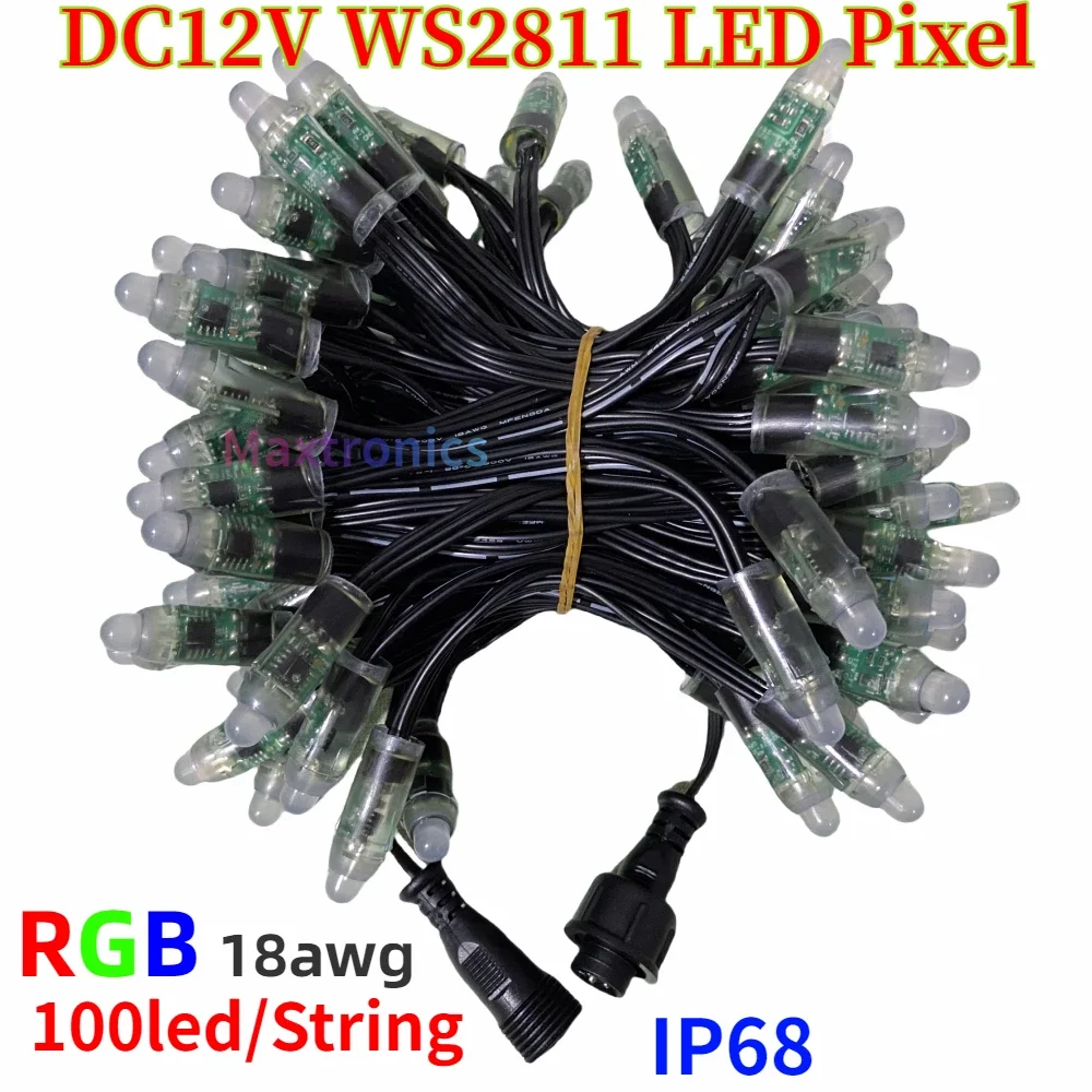 وحدات ليد بيكسل للديكور ، DC12V ، WS2811 ، 12 ، رصاصة ، سلك بالألوان الكاملة ، IP68 ، لون أسود ، 18awg ،