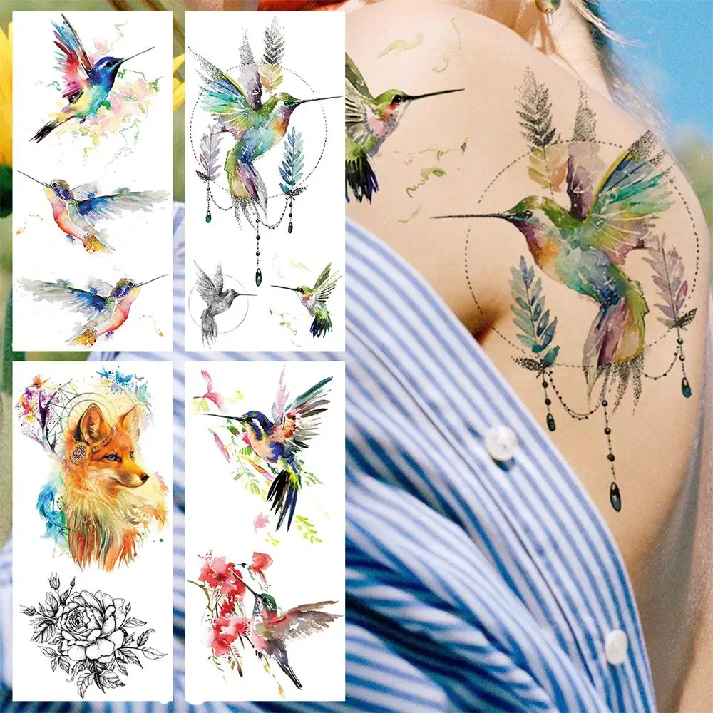 Realistic Hummingbird Pendant Temporary Tattoos For Women Adult Girl Fox Flower Fake Tattoo Waterproof Body Art Painting Tatoos