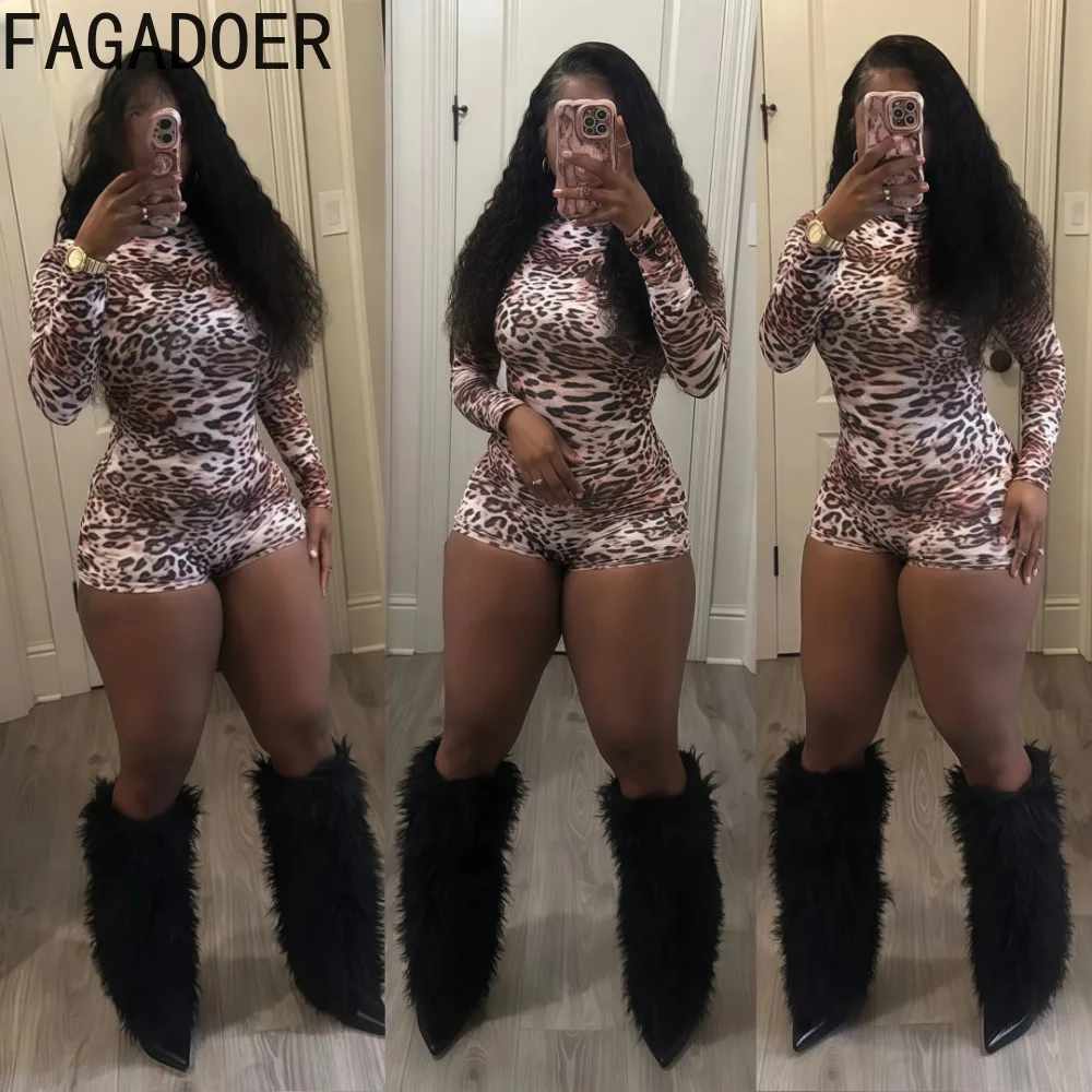 

FAGADOER Leopard Printing Sexy Rompers Women Long Sleeve Bodycon One Piece Jumpsuits Female Y2k Streetwear Overalls Spring New