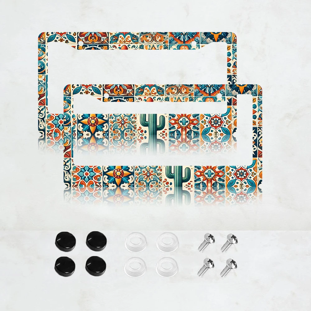 

2PC Mexican Tiles License Plate Frame Stitching Tile Boho Mandala License Plate Colorful Aluminum Auto Parts Funny