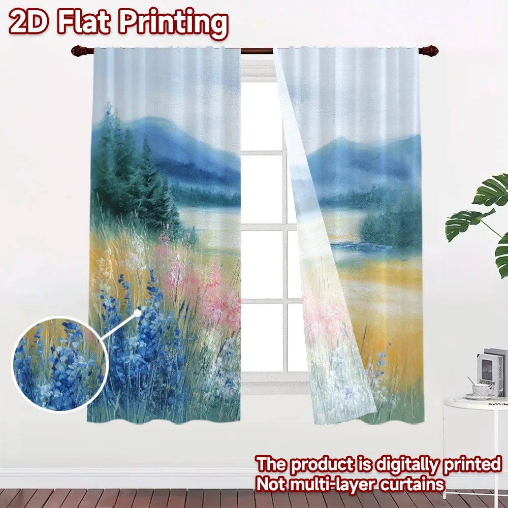 2D flat printing 2pcs Curtain Curtain Mountain Meadow Landscape Digital Printed Polyester Drapes Family Party Perfect for