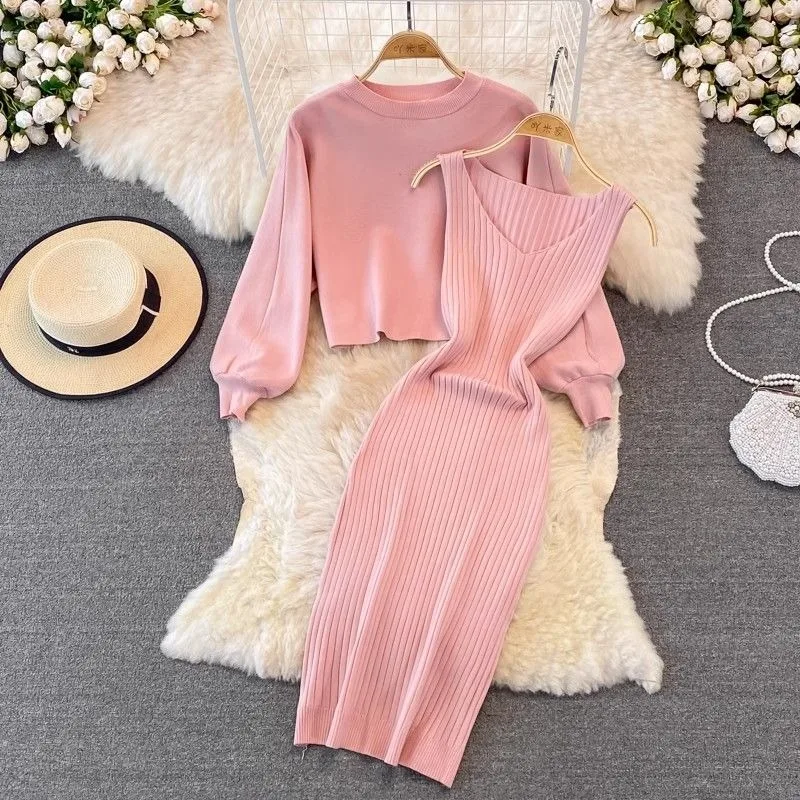 Autumn and winter fashion short loose round neck sweater two-piece set women's elastic tight vest skirt medium long dress