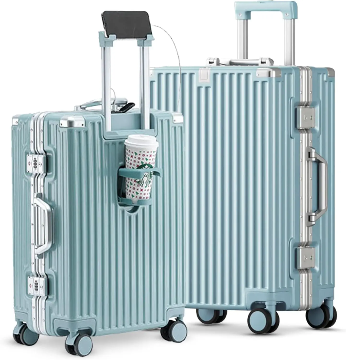 

Carry-on Luggage with Cup Holder & USB Port, Lightweight Hardside Suitcase, TSA Lock, 360° Spinner Wheels (20+24 in, Blue)