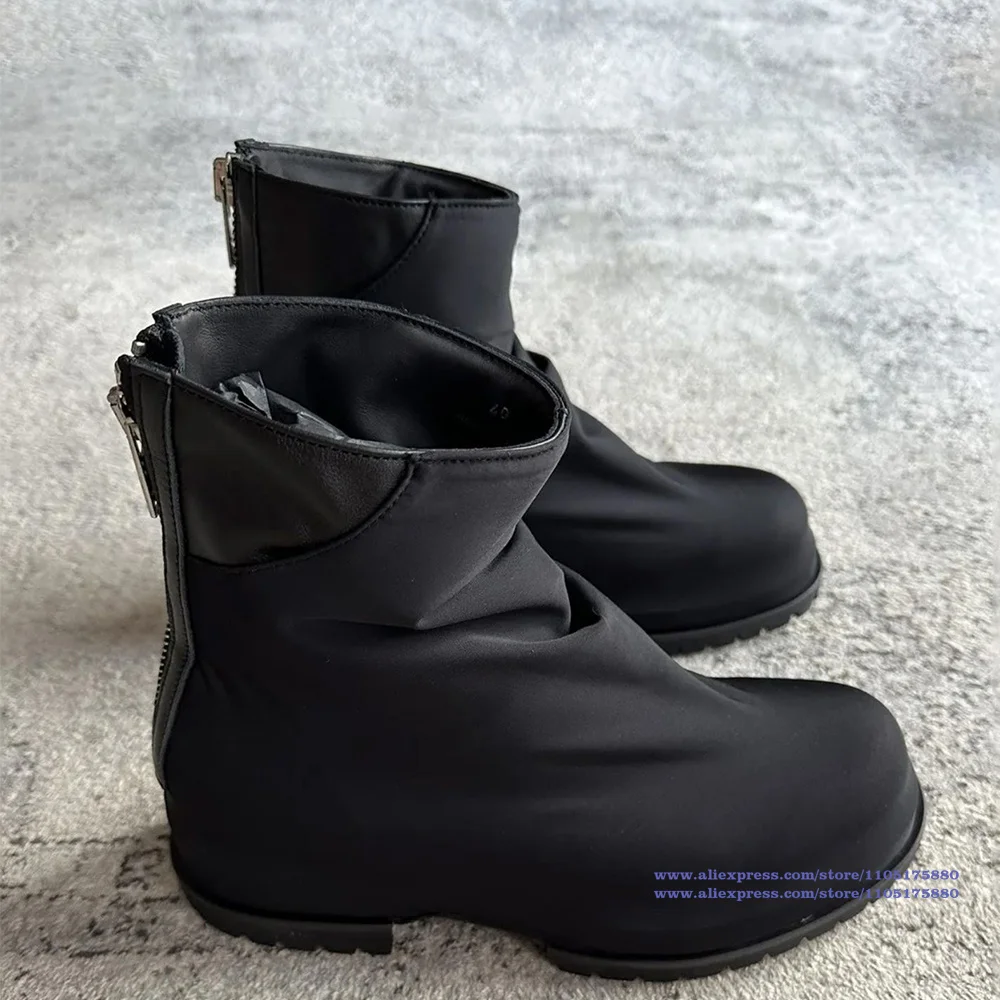 Thick Soled Back Zipper Men's Boots Round Toe Pleated Design Ankle Booties Luxury Designer Trendy Men's Shoes Botas Mujer