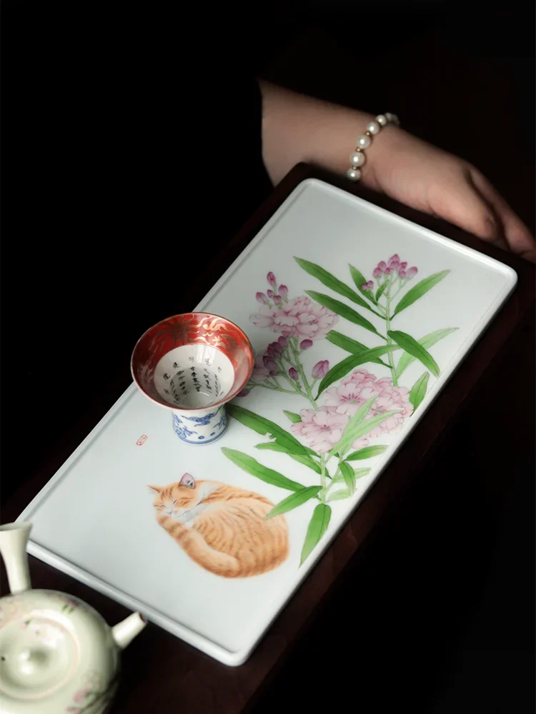 Jingdezhen hand-painted, cat oleander porcelain plate, black walnut pot holder