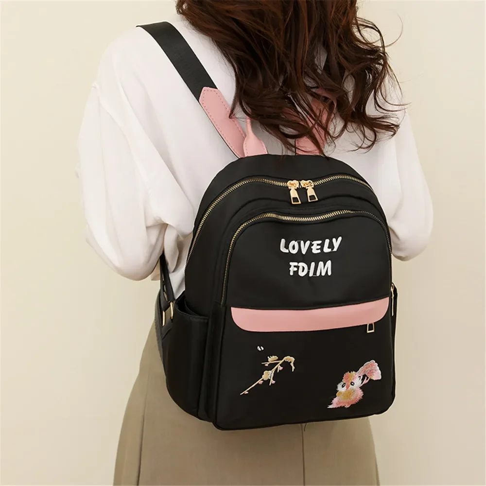 Flower Embroidery Backpacks Women's Anti-Theft Shoulder Bags Casual Large Capacity Nylon Travel Backpack Youth Girls School Bags