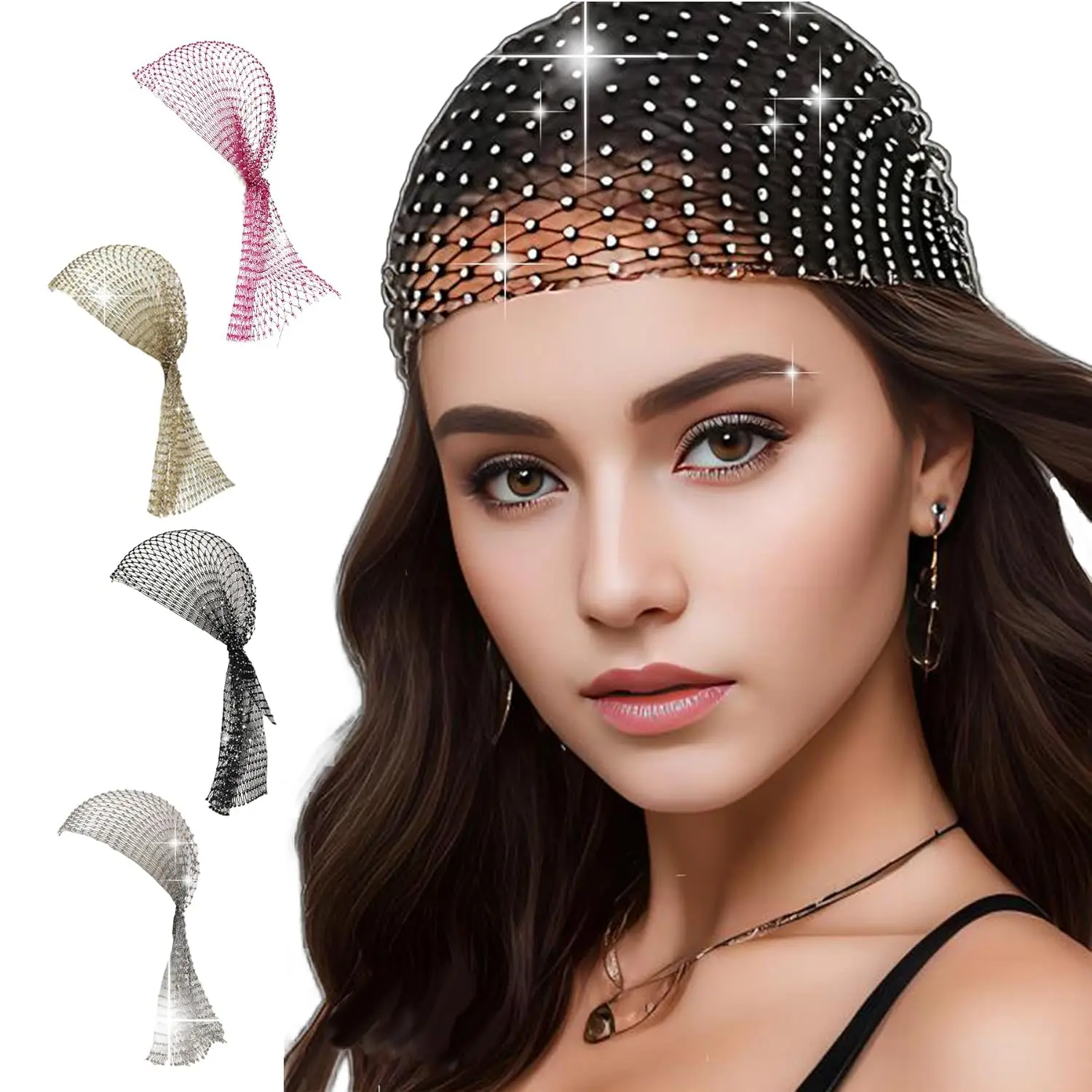 Rhinestone Head Scarf for Women Bling Hats Sparkle Hair Cap Hat Rave Turban Headband Crystal Mesh Headpiece Diamond Bandana