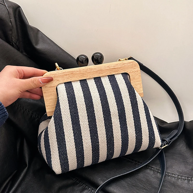 Retro Striped Wooden Clip Shell Bags for Women Messenger Bag Canvas Bead Shoulder Crossbody Bags Ladies Clutch Purse Bolsa Mujer