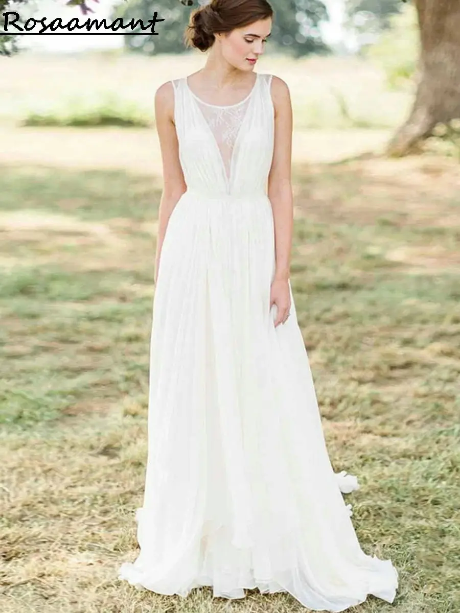 Simple Chiffon Scoop Sleeveless A-Line Wedding Dresses Illusion Back Pleat Lace Country Bridals Gowns