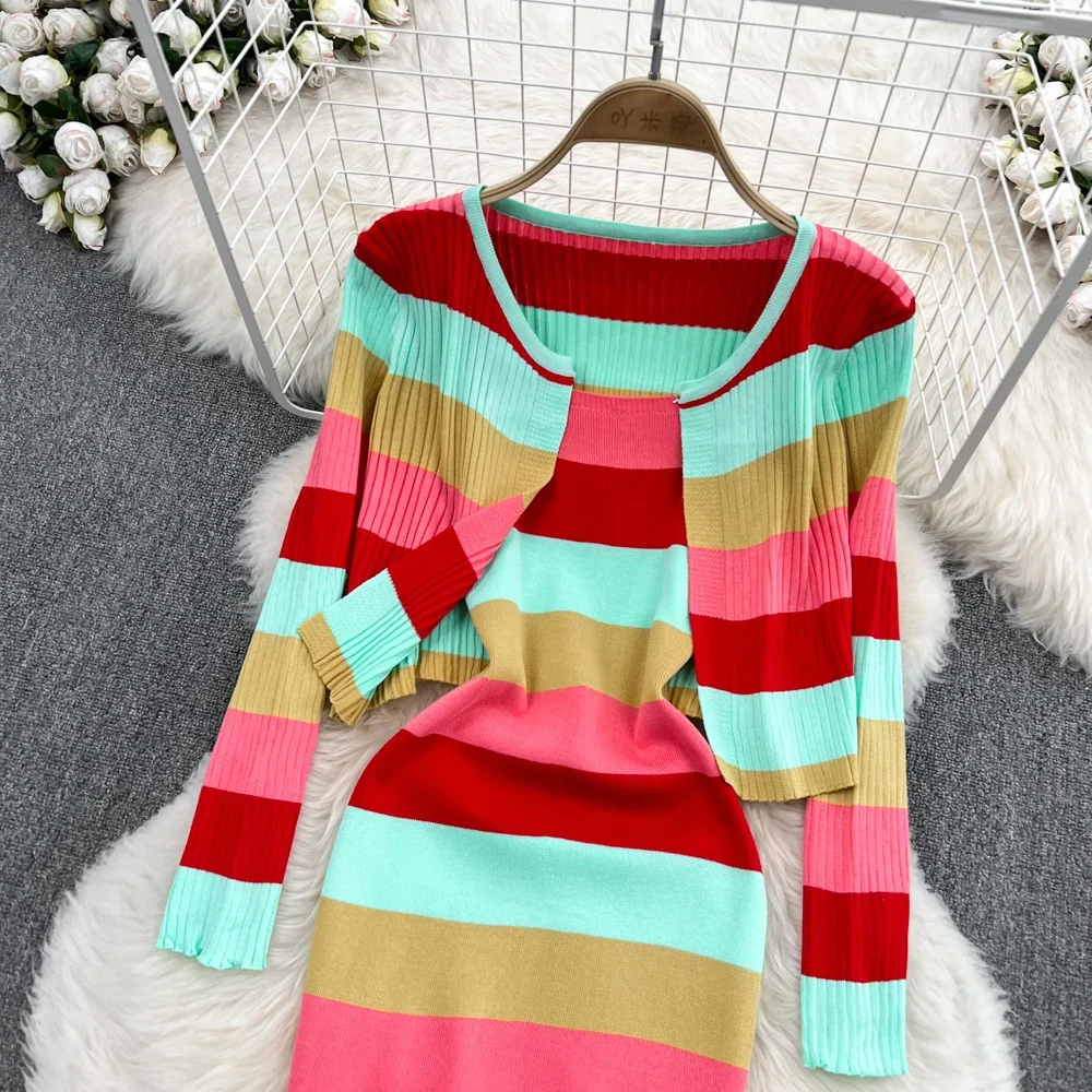 2024 New Office Lady Striped Two Piece Set Spring New Fashion Sweet Slim Chic Outfits Knitted Coats Cami Dresses