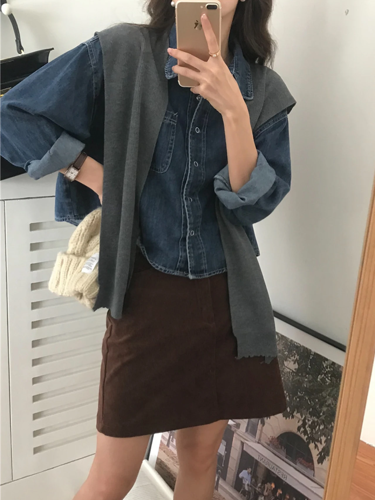 

ort Denim Top Вязаный комплект шиль Повседневный комплект из двух предметов Long Sve irt Универсальный дизайн Осень Зима Новый Sle для молодежи W...