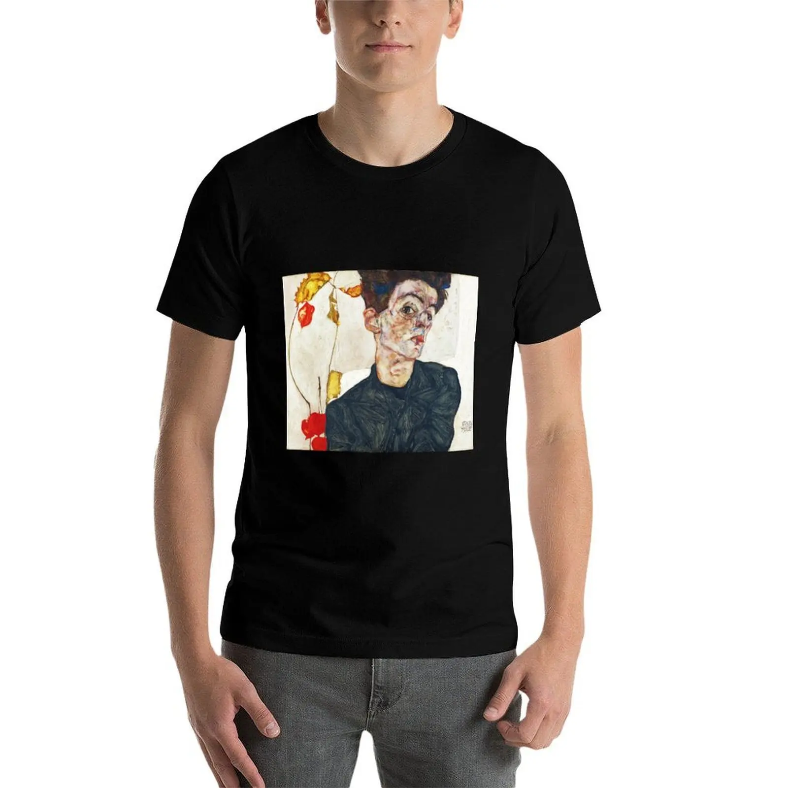 HD Self Portrait with Physalis by Egon Schiele 1914 HIGH DEFINITION T-Shirt, Summer Casual Cotton Tee, Oversized Streetwear Tops view 4