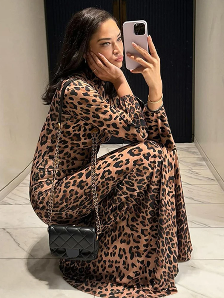 TARUXY Leopard Print Stand Collar Sexy Dress For Women Fashion Ruffle Sleeve Slim Maxi Dress Female 2024 Autumn New High Street