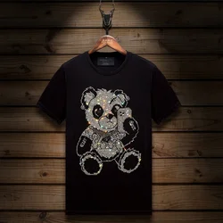 2024 Bear Rhinestones Cartoon T Shirts Men Clothing High Quality Short Sleeve Fashion Streetwear  Casual O Neck Slim T-shirt Man