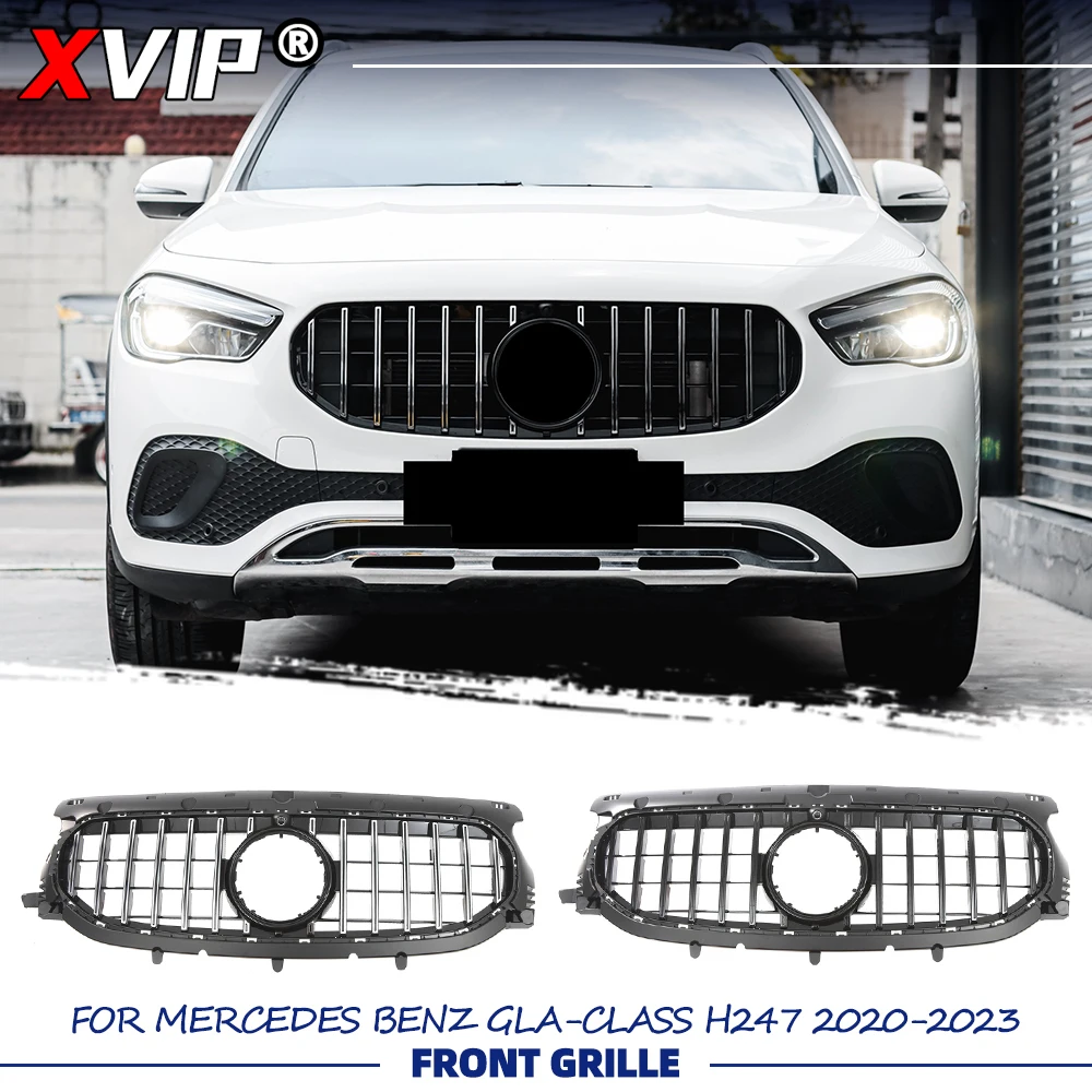 

Глянцевая черная решетка бампера в стиле GTR с хромированными серебристыми элементами для Mercedes-Benz GLA-Class H247 2020-2023 GLA200 GLA250