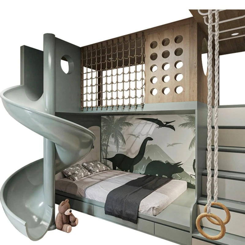 

Children's rotating slide playhouse, boys' room, high and low be ds, solid wood upper and lower beds, with ladder cabinets