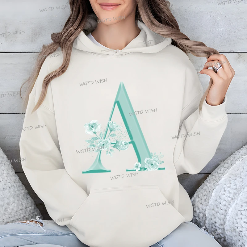 Women Graphic Rose Alphabet Fashion Hoodies Aesthetic Floral 26 Letter Long Sleeve Female Sweatshirts 26 Initials Sportswear