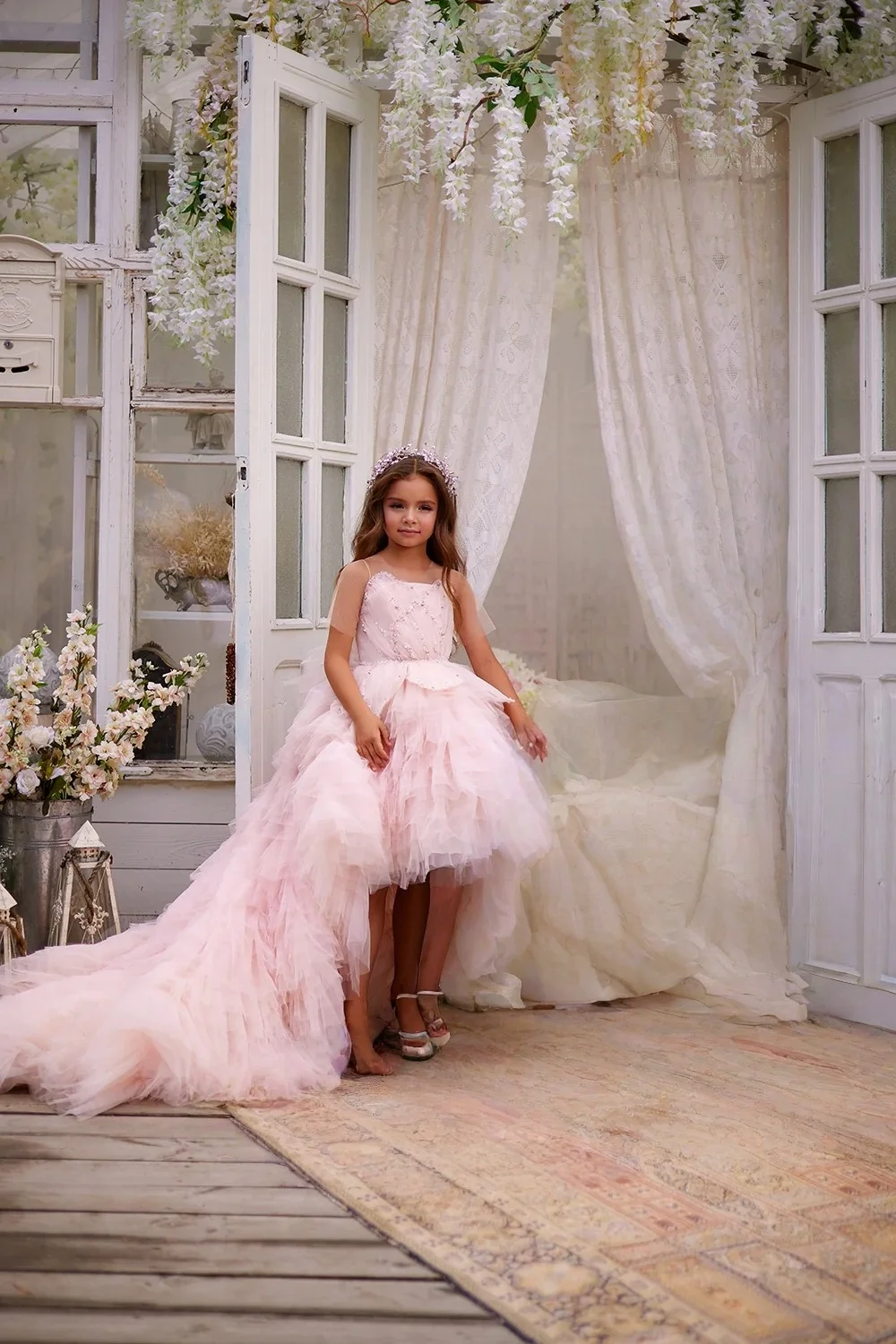 Custom JDY High Spaghetti Strap Beaded High Low Tulle Trailing Flower Girl Dress Wedding Party Gown Birthday Pageant Dress فساتي