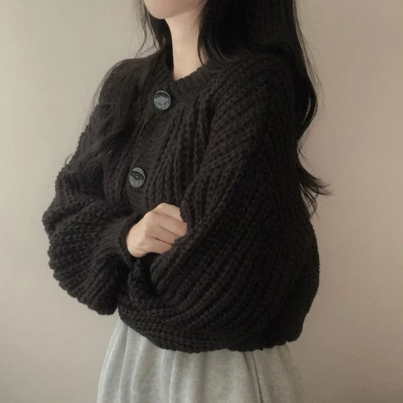 2025 Fall Winter Short Knitted Cardigan Women Thicken Warm Single-Breasted Sweater Female Solid O-Neck Long Sleeve Knitwear Coat