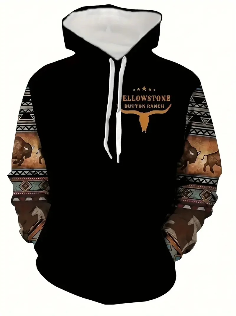 Men's Vintage Ethnic Style Hoodie 3D Yellowstone Dutton Ranch Print Hooded Long Sleeve Sweatshirt Oversized Streetwear Clothing