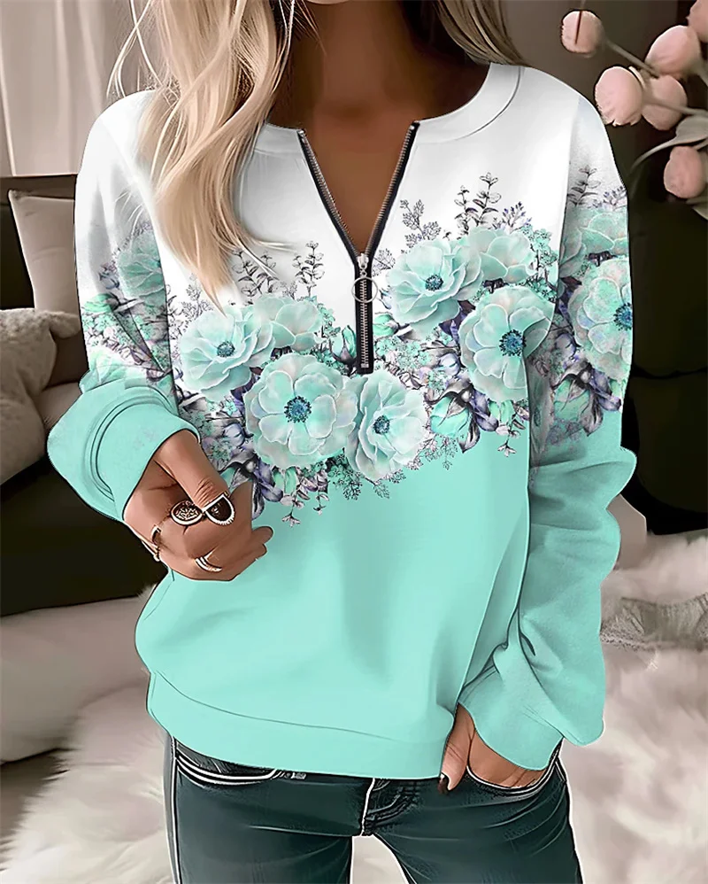 Fashion Print Women\'s Hoodies V-Neck Zipper Sweatshirt Female Harajuku Elegant Slim Long Sleeve Lady Tops Autumn Winter