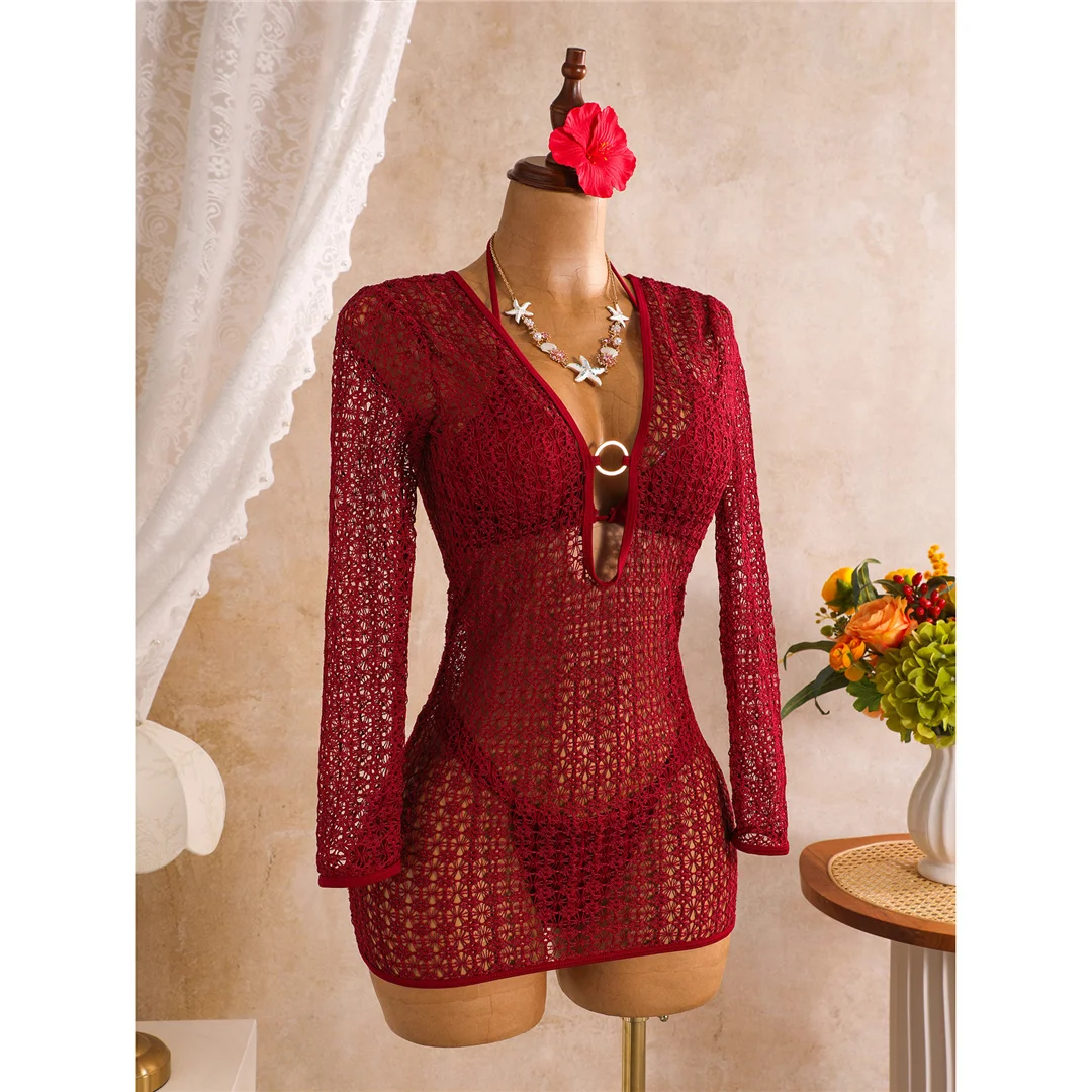 Mit langen Ärmeln, als Überwurf, Neckholder-Bikini, Damen-Badebekleidung, dreiteiliges Bikini-Set, Badeanzug, Badebekleidung, Schwimmbekleidung V8423 – Detail 9