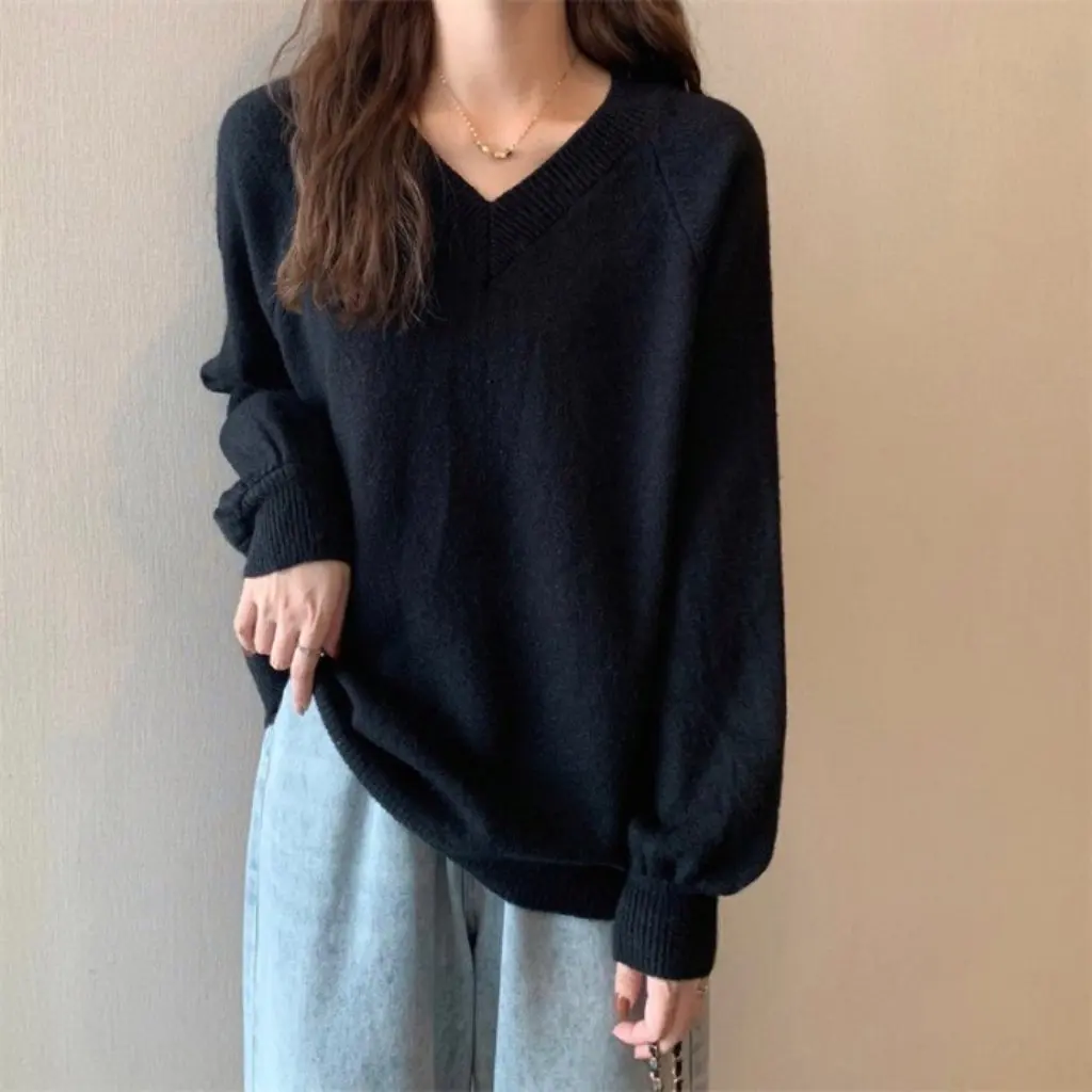 

Women's V Neck Pullover Sweater Autumn Winter Loose Fit Korean Style Bottoming Top Casual Lazy Style Clothing