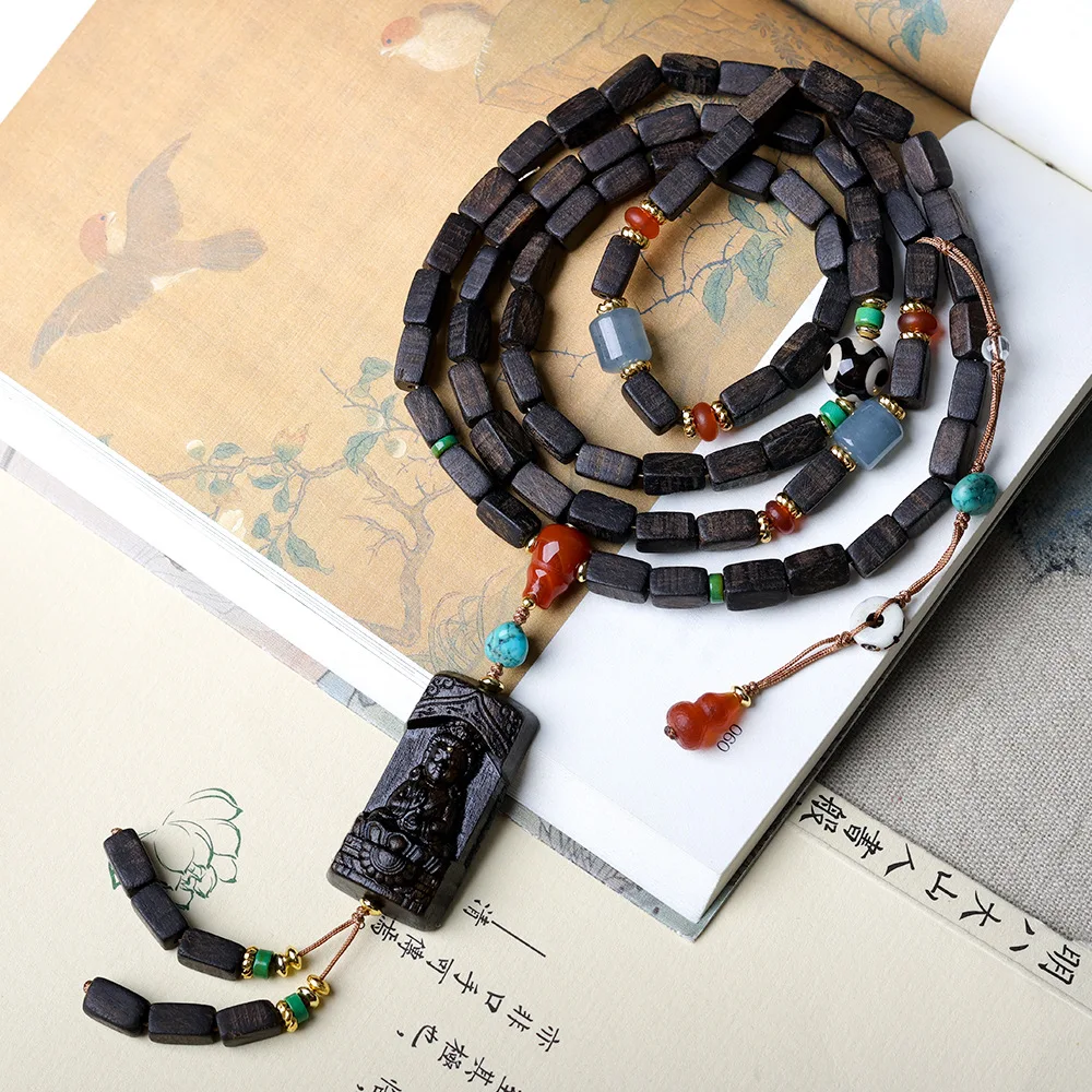 Bransoletka z agarwoodu Dalagan, wielokręgowa, bransoletka kulturowa, bransoletka Guanyin, bransoletka z trójokim koralikiem nieba, buddyjski naszyjnik z koralików.