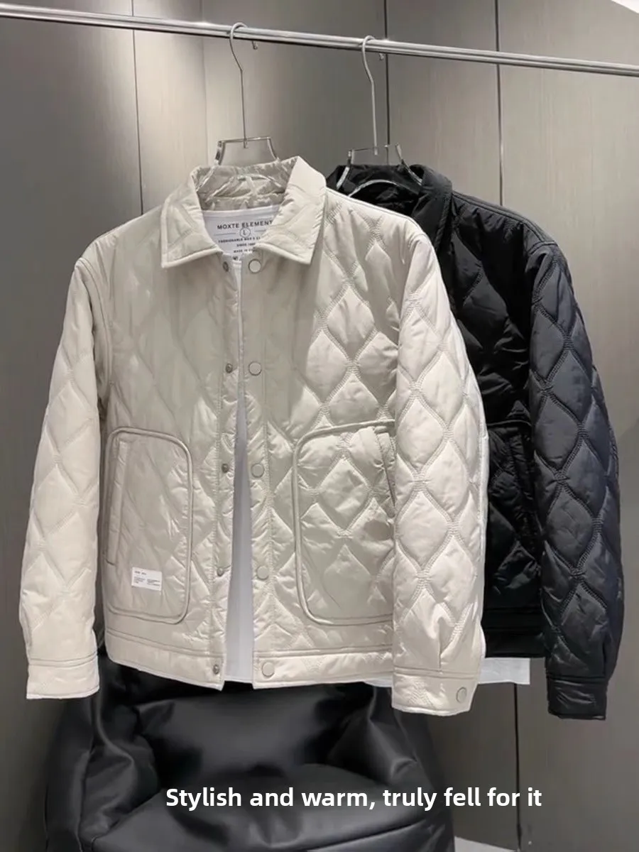 

Новая зимняя мужская куртка с ромбовидным узором, утепленная пухом и хлопком, модная повседневная модель с цветным воротником