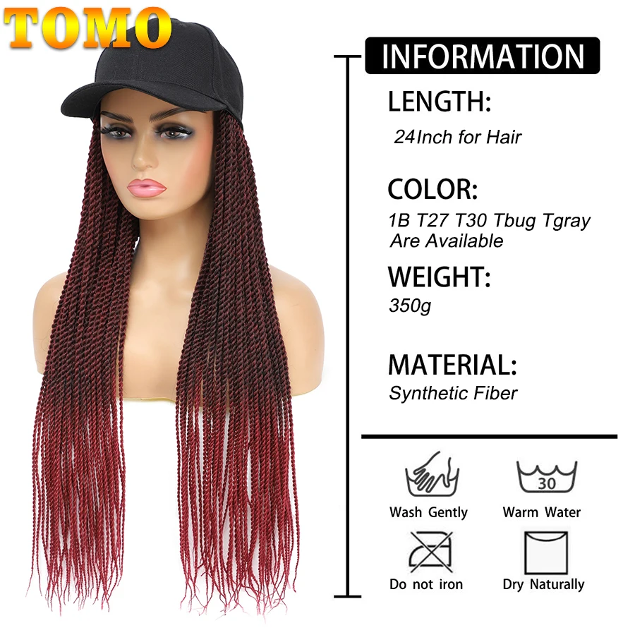 TOMO Baseball Cap with Senegalese Twist Hair Extensions Hat Wig Adjustable Hat Attached Long Synthetic Crochet Braids for Women