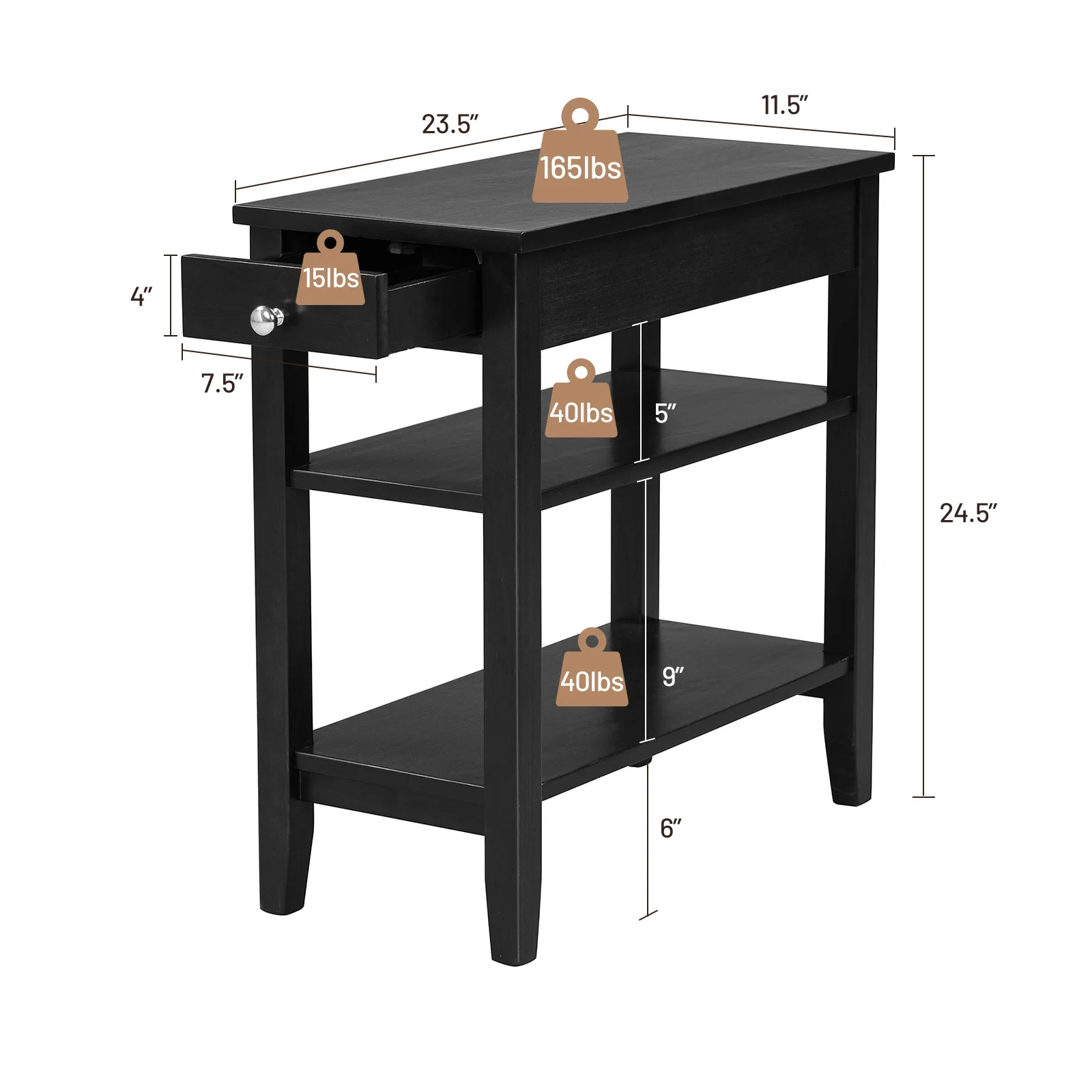 2PCS 3-Tier Side End Table with Drawer Double Shelf Narrow Nightstand Black