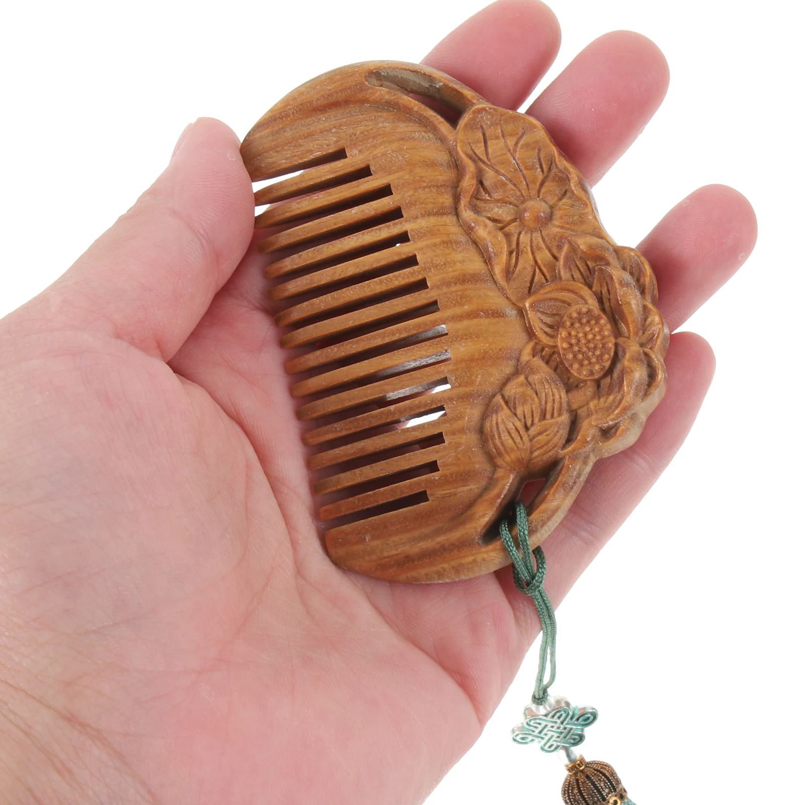 

Green Sandalwood Comb Carved Lotus Hair Combs Chinese Wooden Wide Tooth Brush Retro Style Durable Portable Travel Use
