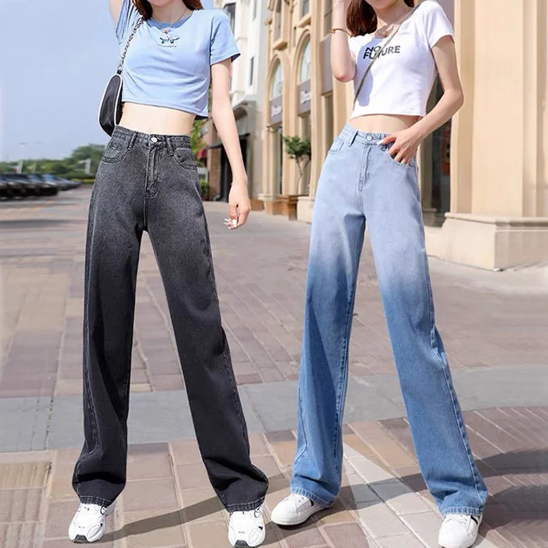 

Casual Cotton Elastic Denim High Waist Jeans Gradual Change Full Length Pants Zipper Fly Straight Women's Clothing Fashion Wild