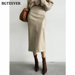 BGTEEVER Elegant Slim Split PU Leather Skirts for Women Office High Waist Skinny Package Hip Skirts Women