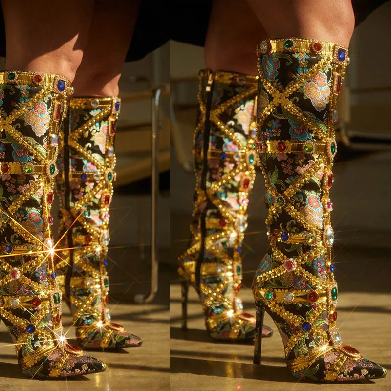 امرأة فاخرة التمهيد المدرج موضة حجر الراين جوهرة حذاء برقبة للركبة 8.5 سنتيمتر كعب رقيقة مثير أشار تو البريدي متجرد الحفلات الكعوب الأحذية #4