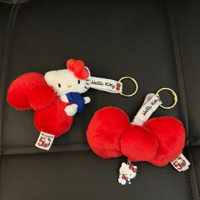 

Sanrios 50th Anniversary Bow Hellokitty Girl Summer Bag Pendant Accessories Kawaii Cartoon Plush Doll Keychain Decoration Gift