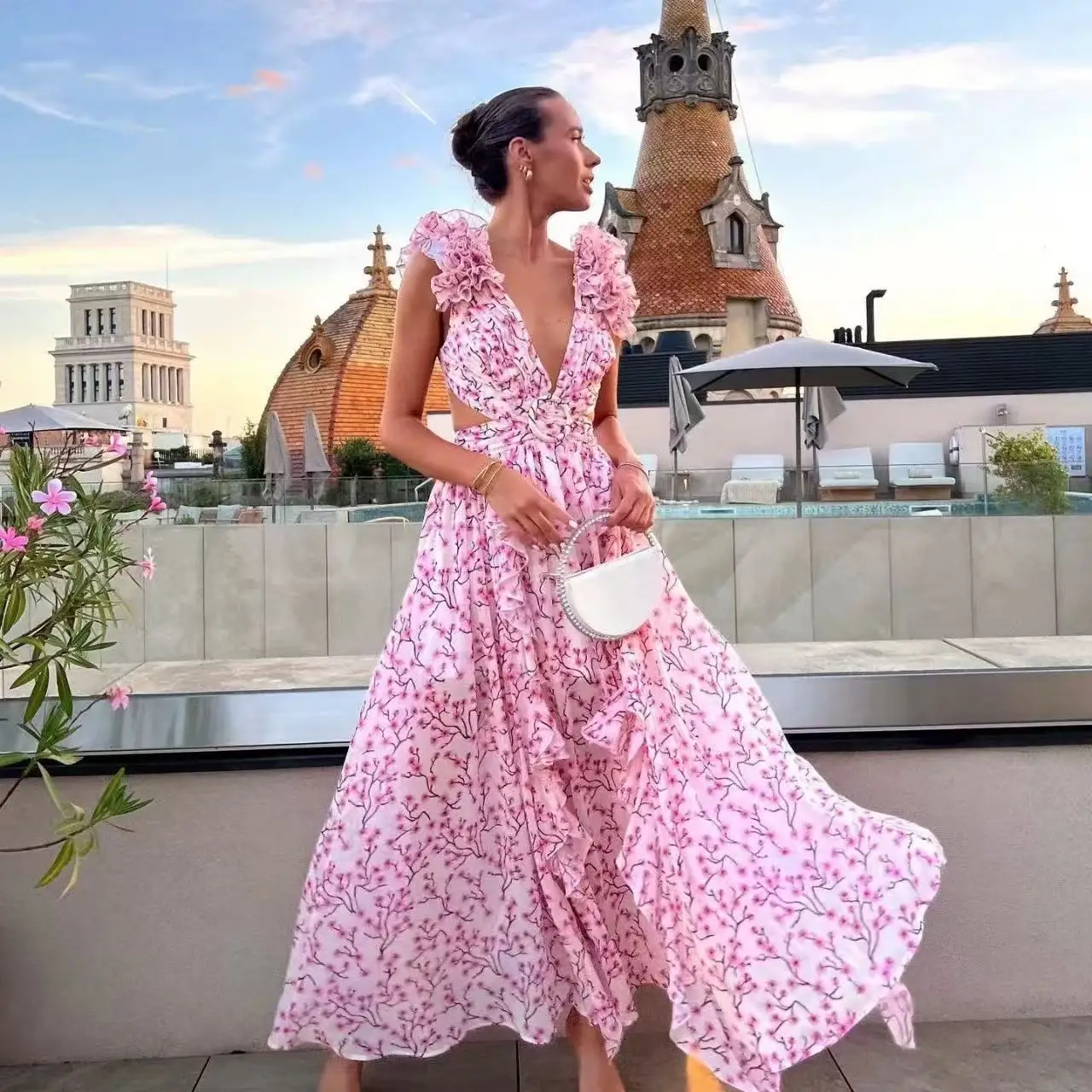 

Clothland Women Vintage Floral Midi Dress Ruffles V Neck Lace Up Backless Sleeveless Belt Beach Wear Sexy Dresses Vestido QE107