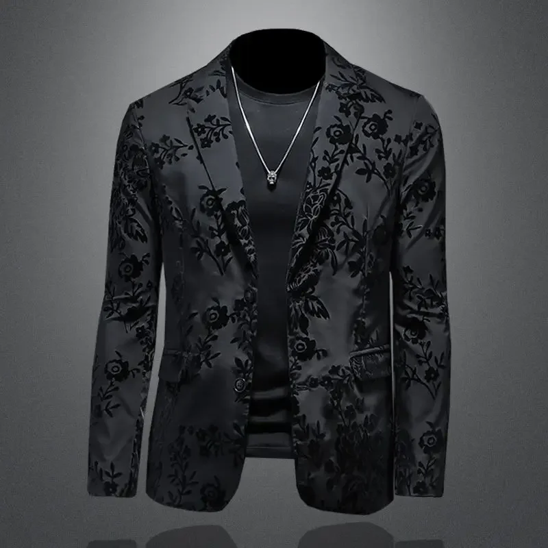 Men's Plus Size Streetwear Blazer Jacket Casual Slim Fit Jacquard Flocked Suit Coat Business Wedding Outfit 2026Fashion Menswear