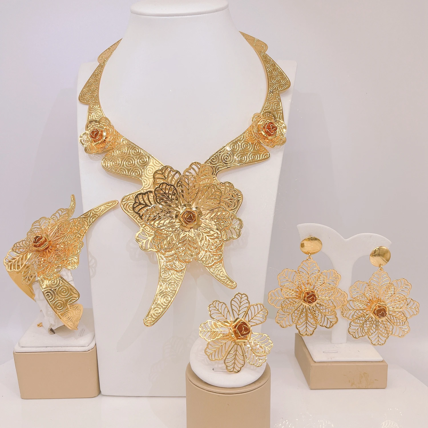 

Luxury Italian Wedding Jewelry Set Women Brazilian Gold Plated Necklace Earrings Bracelet Set New In Gold Colors Party Jewelry
