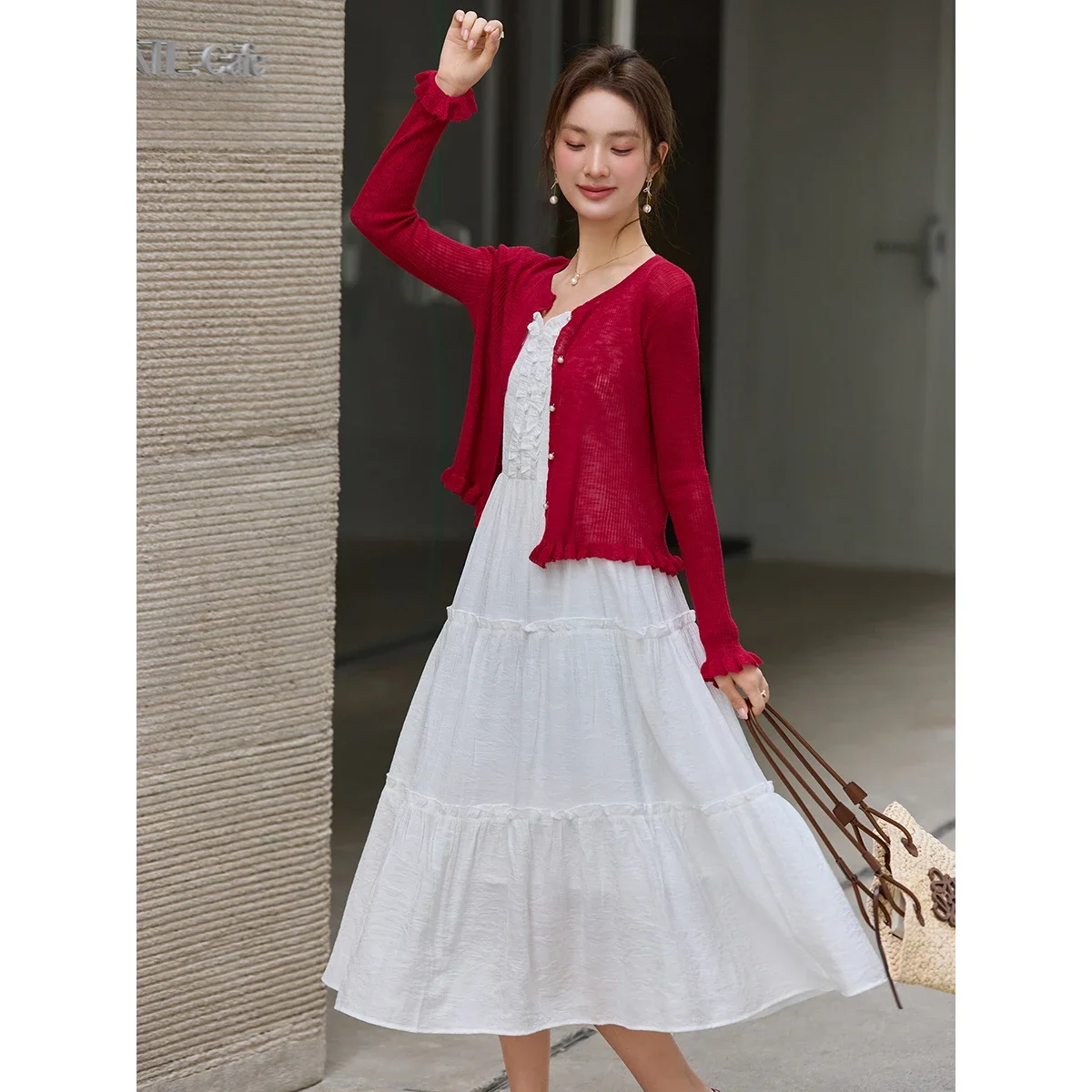 VIMLY Women's Two-piece Set Fall 2026 Red Long Sleeve Knit Cardigan Long Sleeveless Dress Elegant Holiday Female Clothing 30698