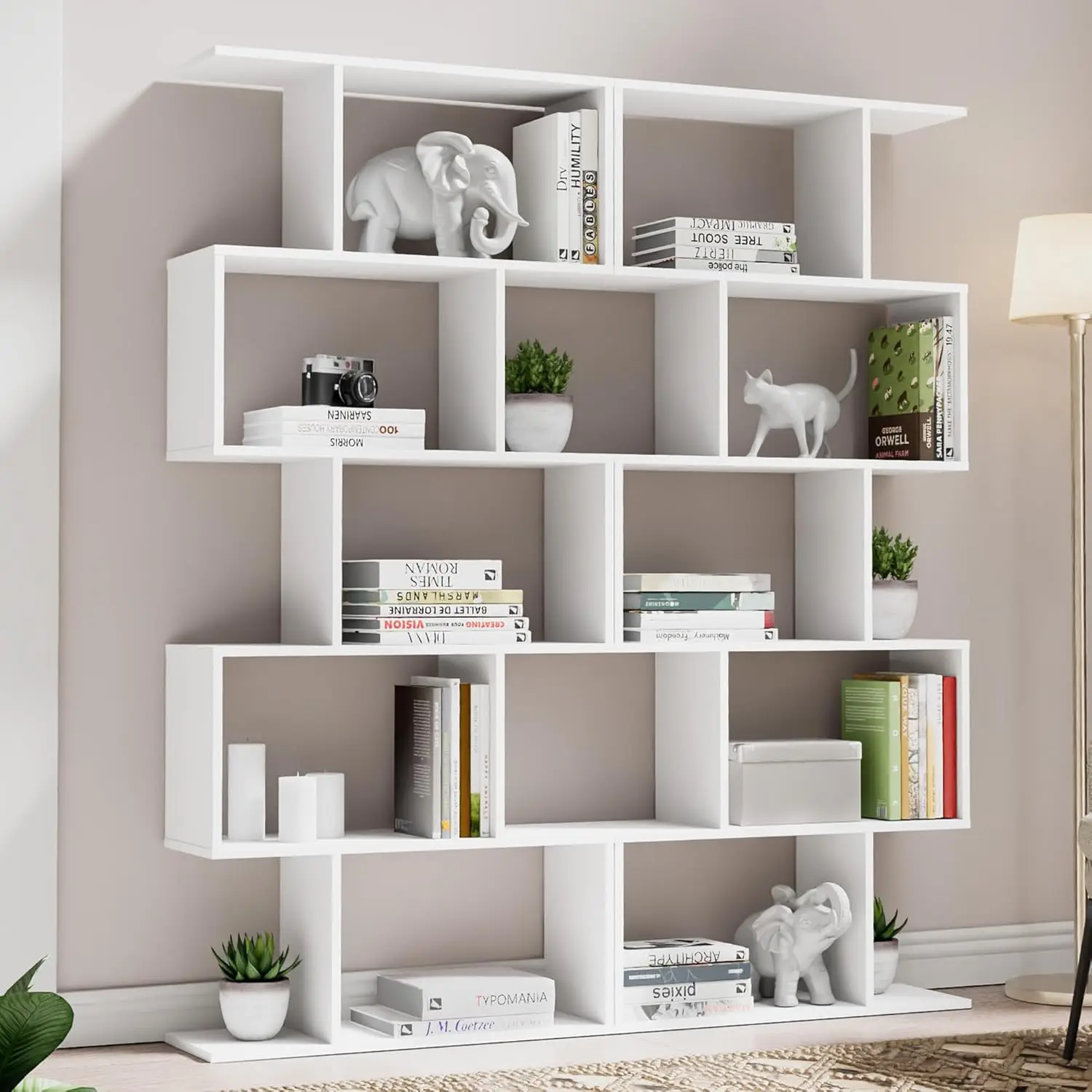 Comfortable Castle 2 sets of S-shaped geometric bookshelves, room partition bookshelves, 62 inch 5-story display shelves